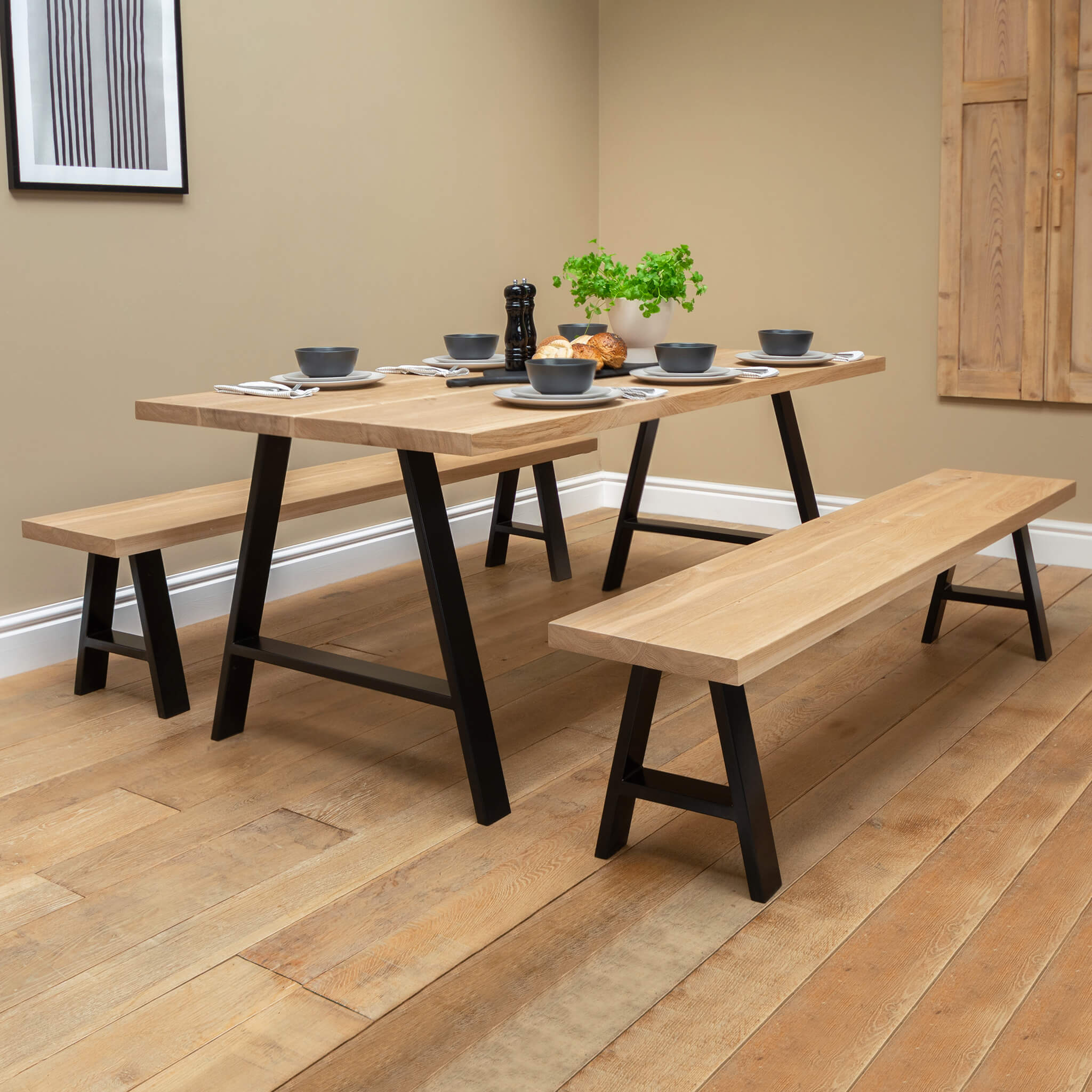 Solid oak dining table and benches