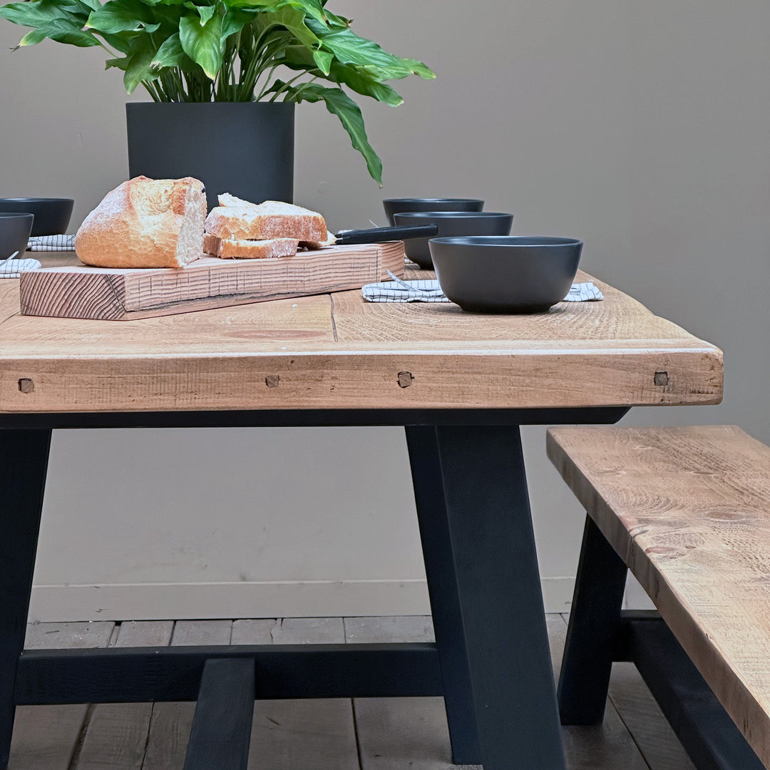 Trestle Dining Table Solid Wood with Rustic Weathered 50mm Top and Painted Base