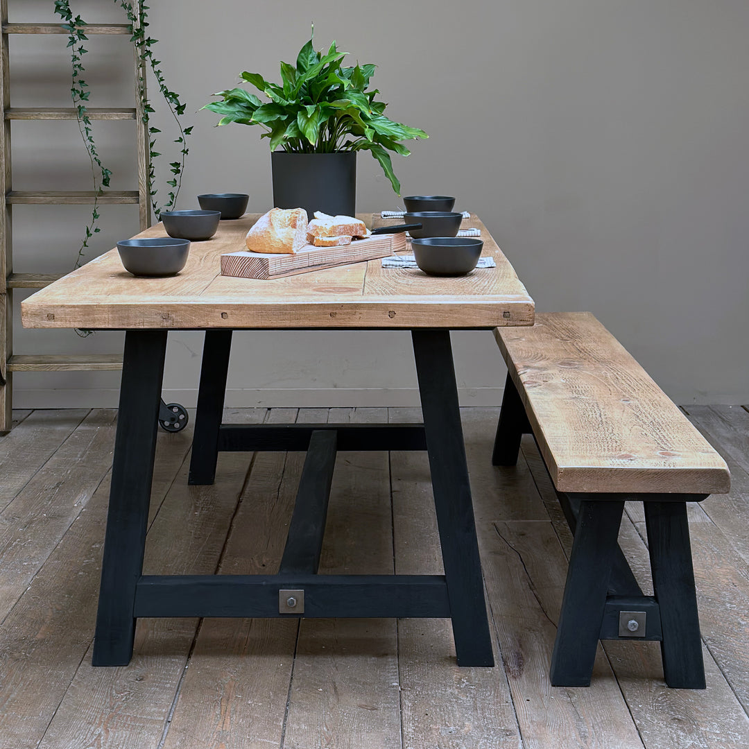 Trestle Dining Table Solid Wood with Rustic Weathered 50mm Top and Painted Base