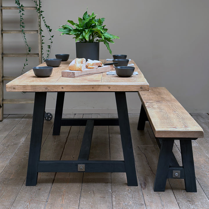 Trestle Dining Table Solid Wood with Rustic Weathered  Finish and Painted Base