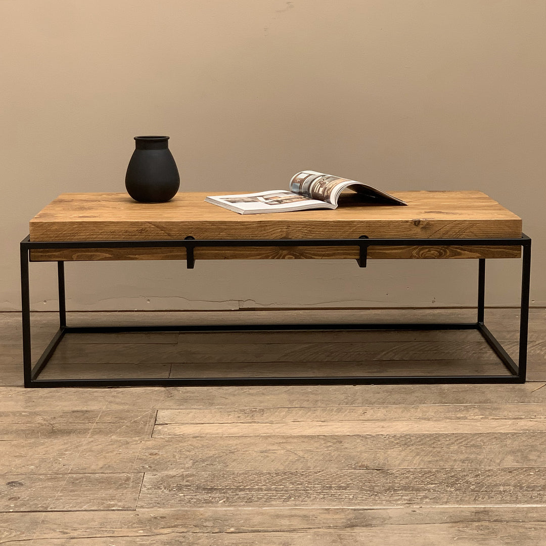Industrial Coffee Table with Solid Wood Beam Top