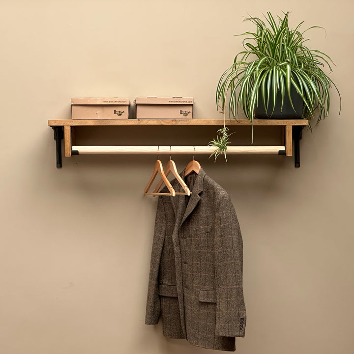 Rustic Wood Clothes Hanging Shelf