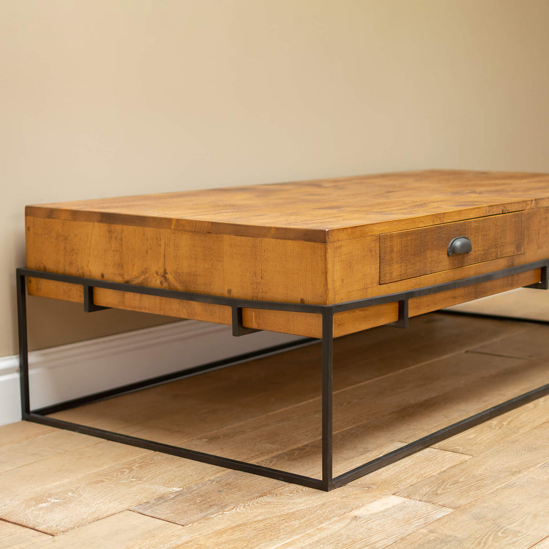 Large Rustic Wood Coffee Table with Storage, 2 Drawers and Metal Frame
