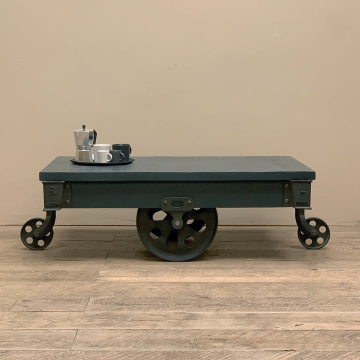 Painted Industrial Wooden Cart Coffee Table With Wheels