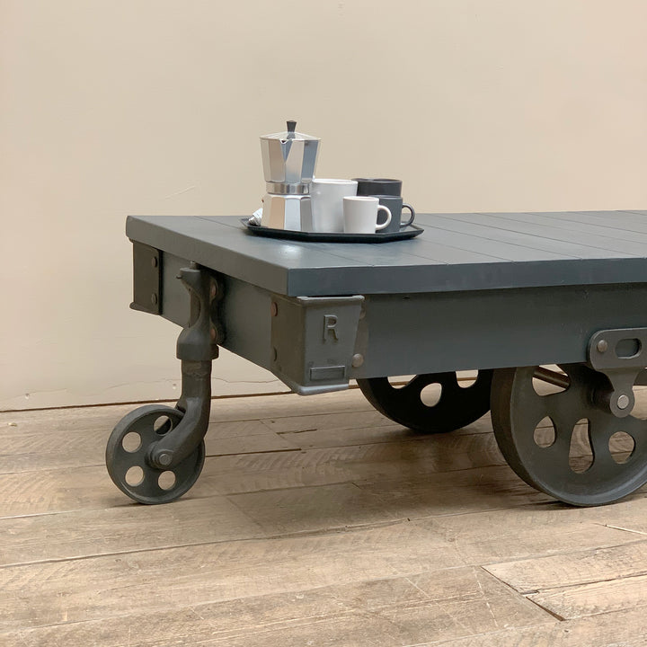 Painted Industrial Wooden Cart Coffee Table With Wheels
