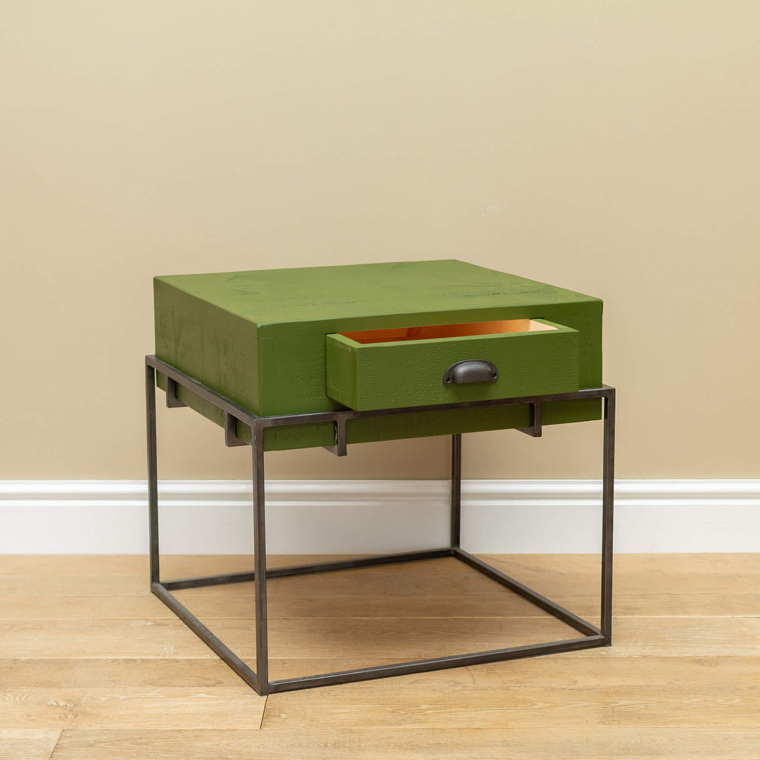 Painted Wood Side Table with Storage, Drawer and Metal Frame
