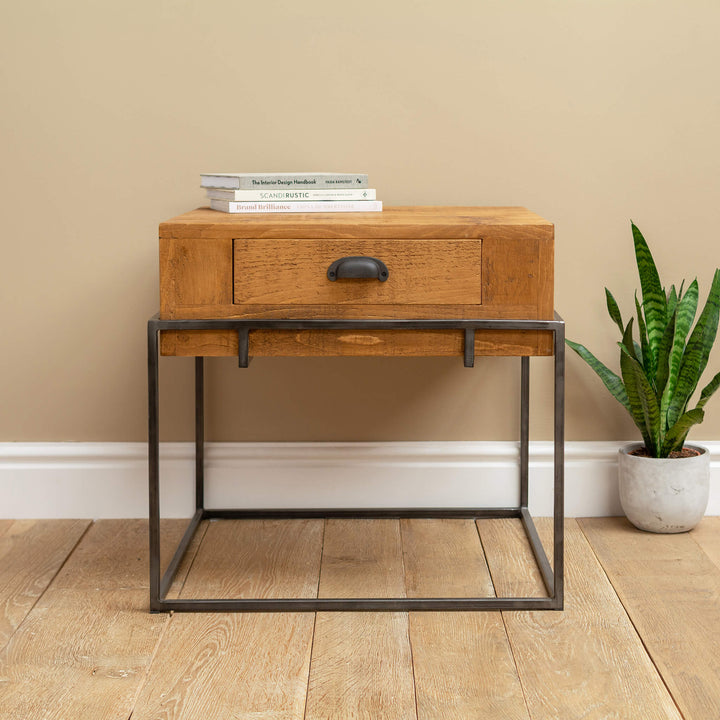 Rustic Wood Side Table with Storage, Drawers and Metal Frame