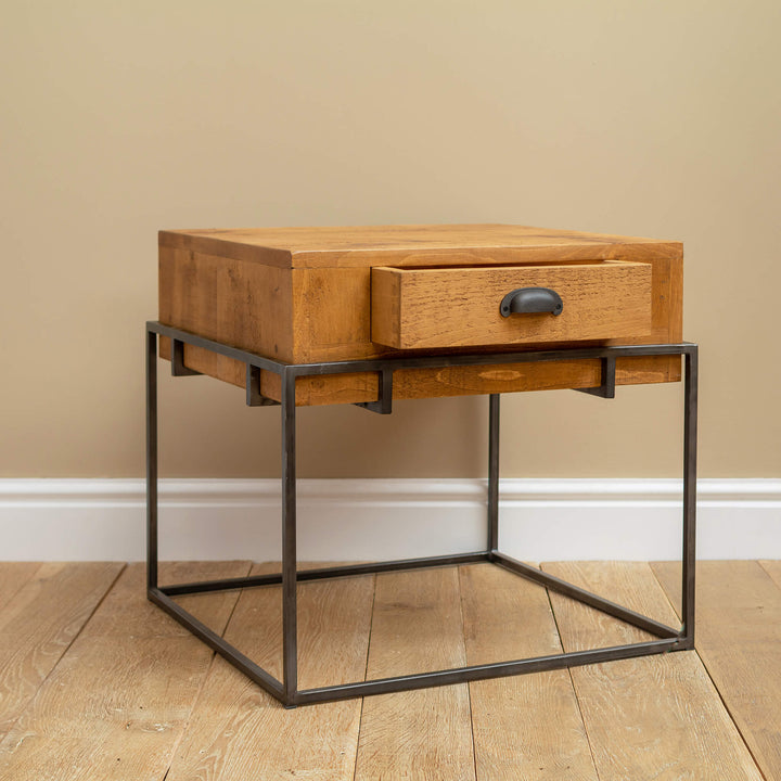 Rustic Wood Side Table with Storage, Drawers and Metal Frame