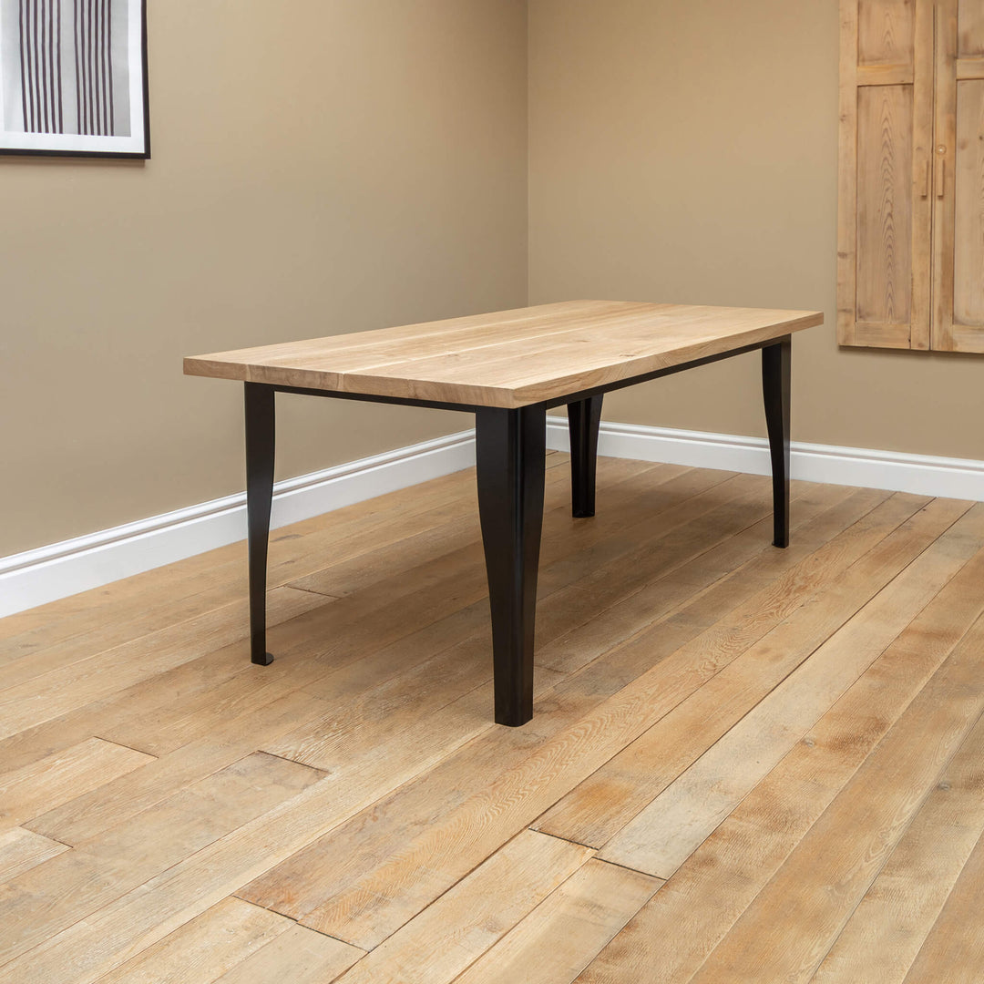 Solid Oak Dining Table with Black Rolled Metal Base