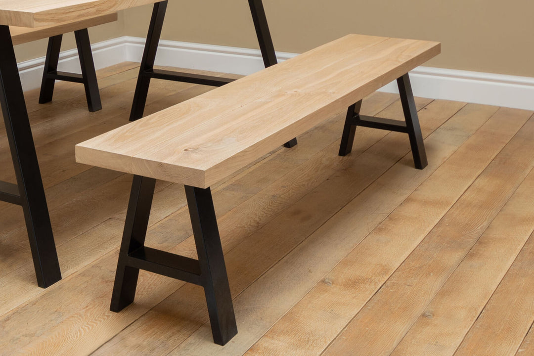 solid oak dining table bench with black metal legs