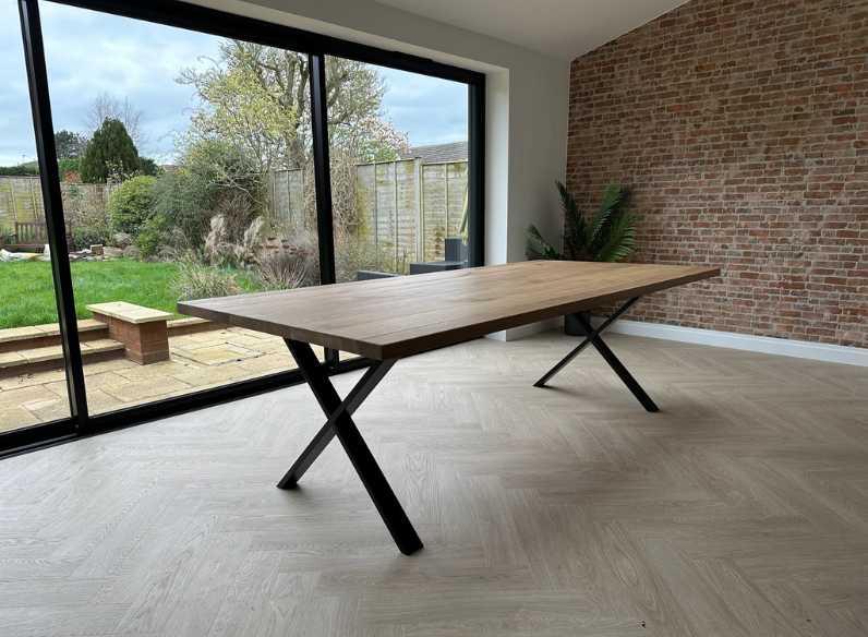 custom size solid oak dining table with metal X frame legs