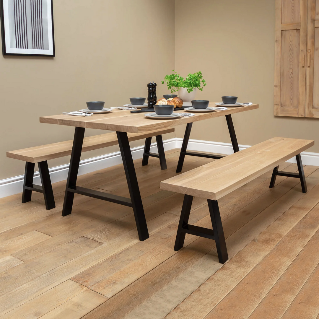 solid oak bespoke dining table and benches