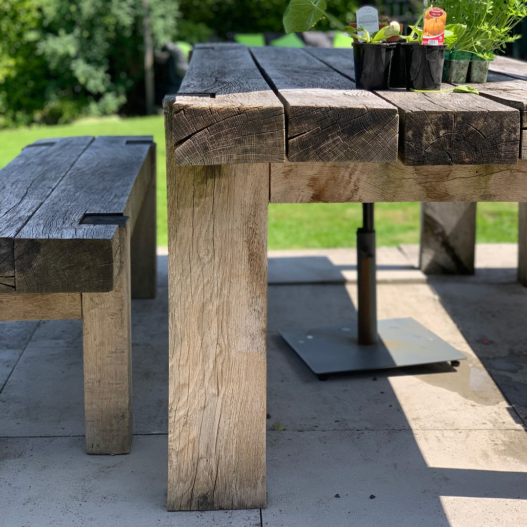 Oak Beam Outdoor Table and Benches Set