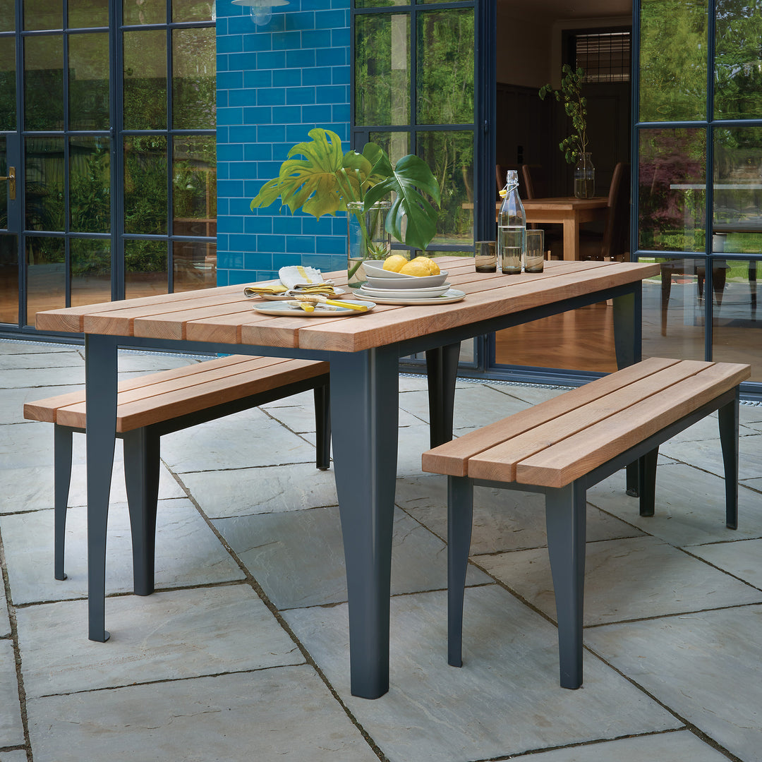 Outdoor Metal Base Oak Table and Benches Set