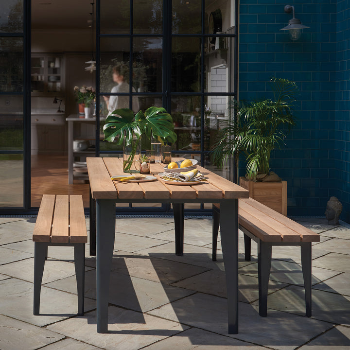 Outdoor Metal Base Oak Table and Benches Set