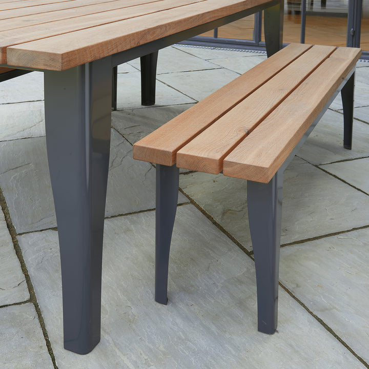 Outdoor Metal Base Oak Table and Benches Set