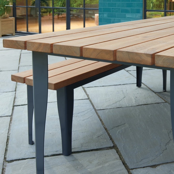 Outdoor Metal Base Oak Table and Benches Set