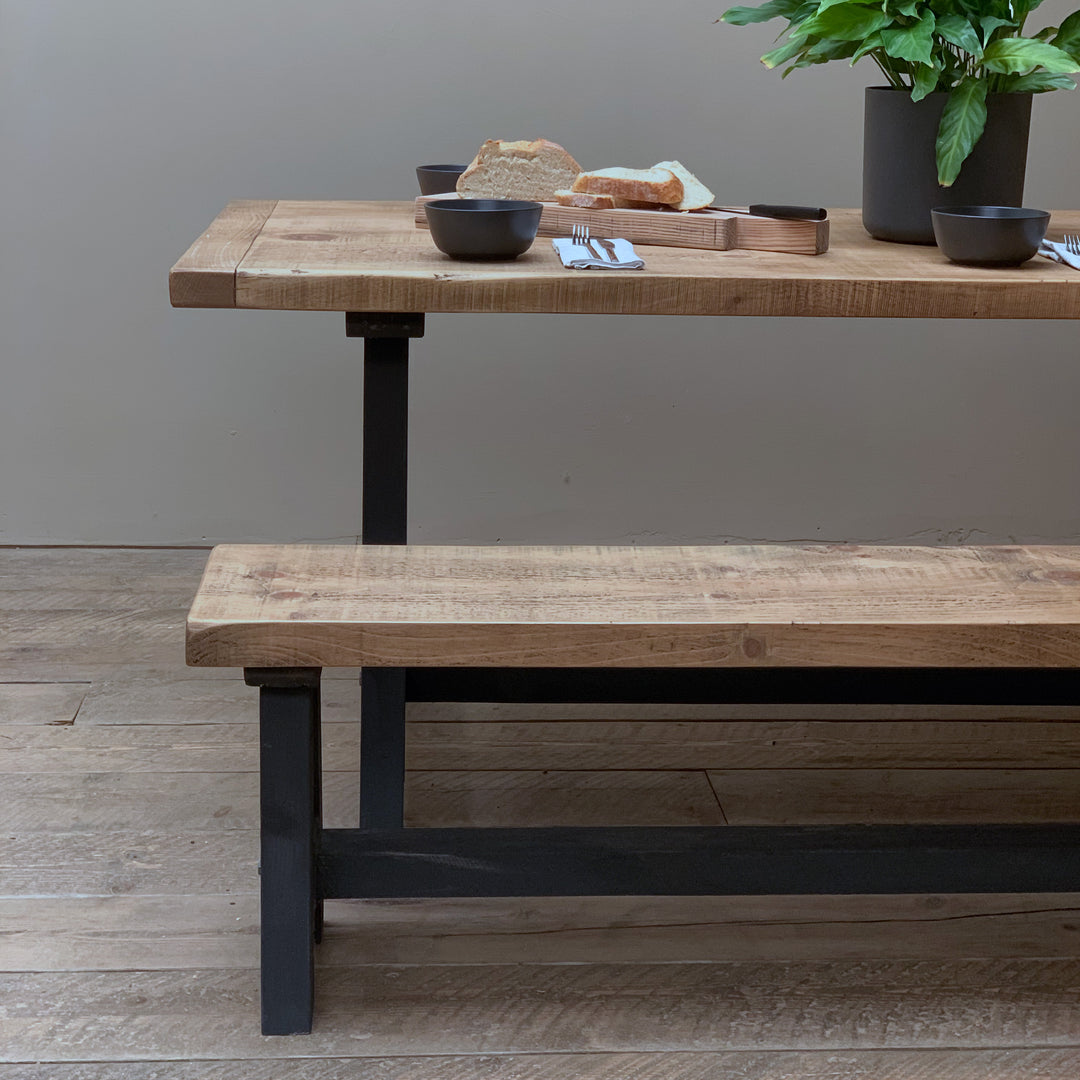 Trestle Dining Table Solid Wood with Rustic Weathered  Finish and Painted Base