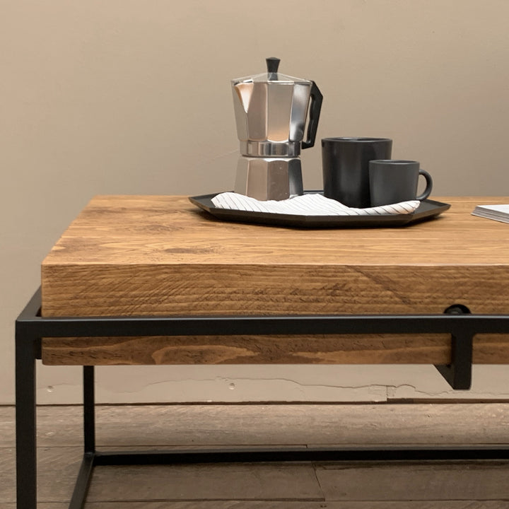 Industrial Coffee Table with Solid Wood Beam Top