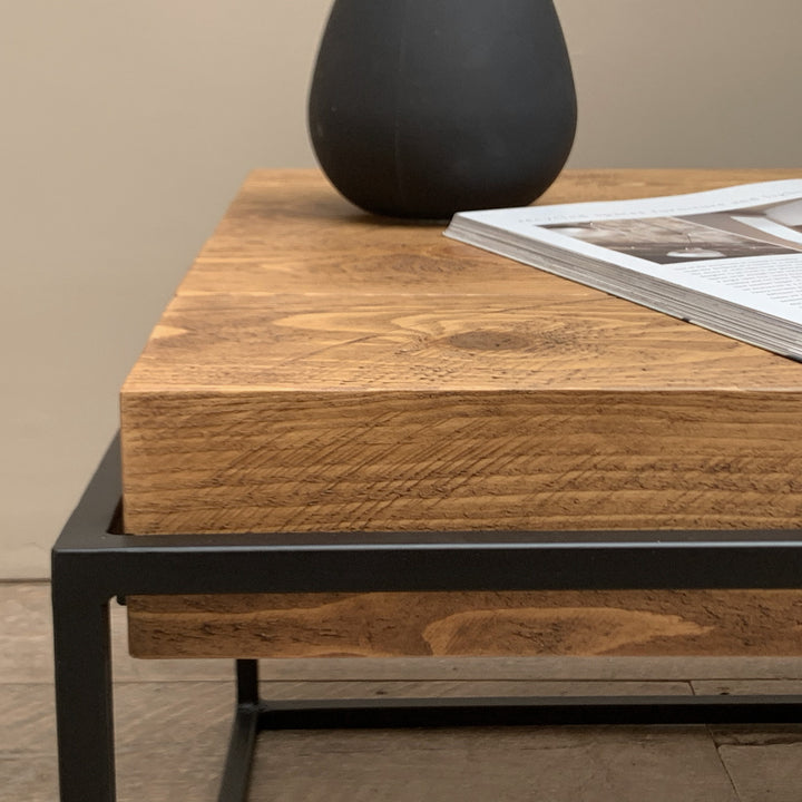 Industrial Coffee Table with Solid Wood Beam Top