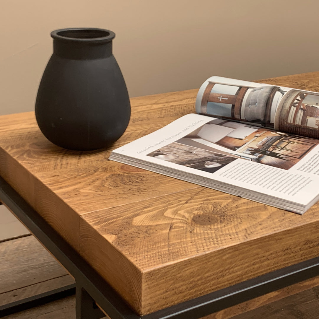 Industrial Coffee Table with Solid Wood Beam Top