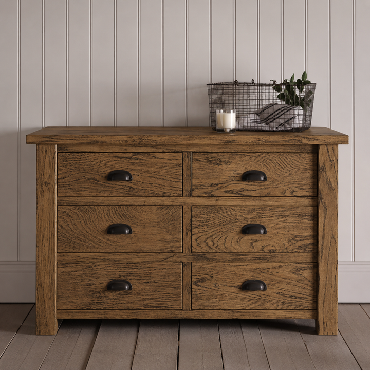 Solid Oak Linen Chest of 6 Drawers