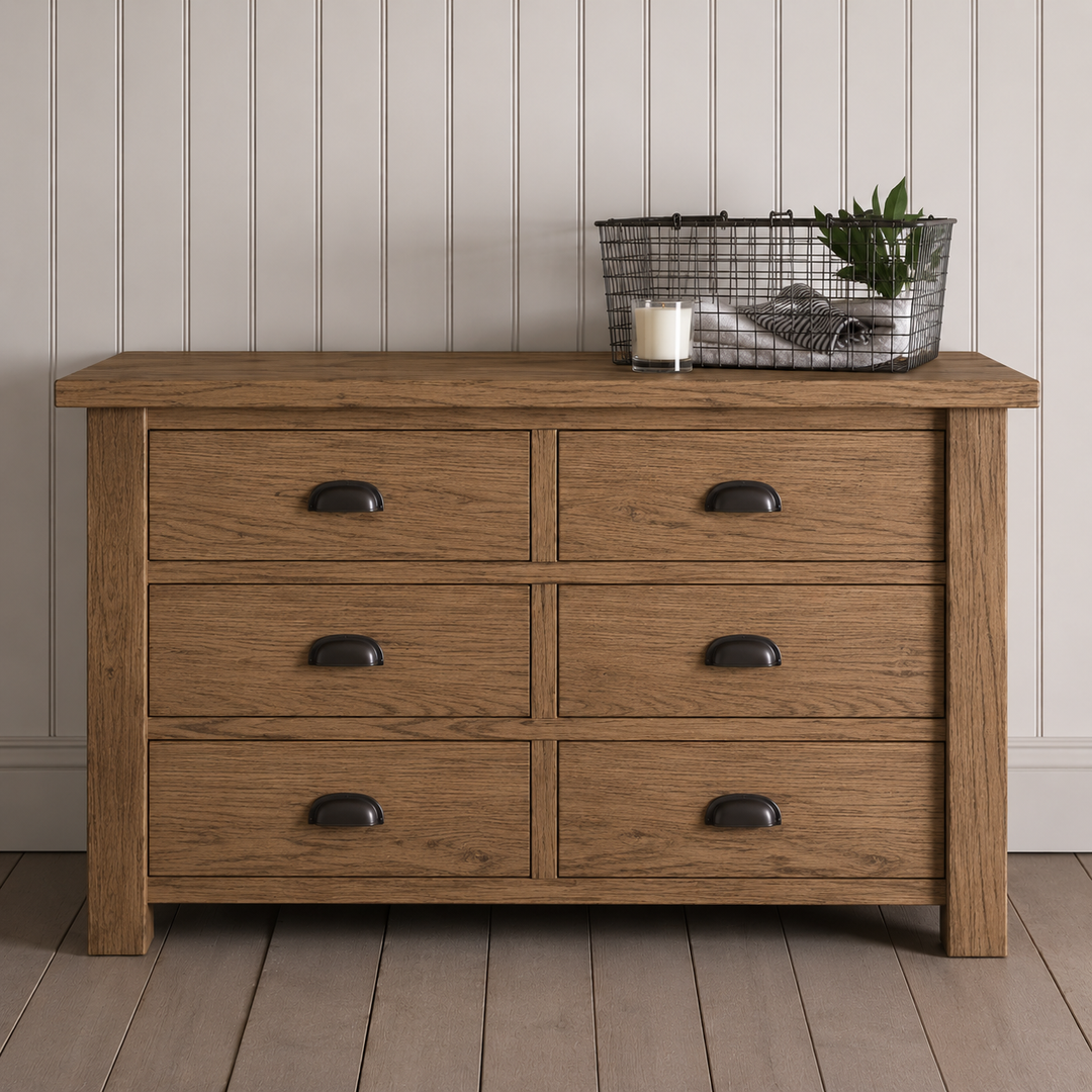 Solid Oak Linen Chest of 6 Drawers