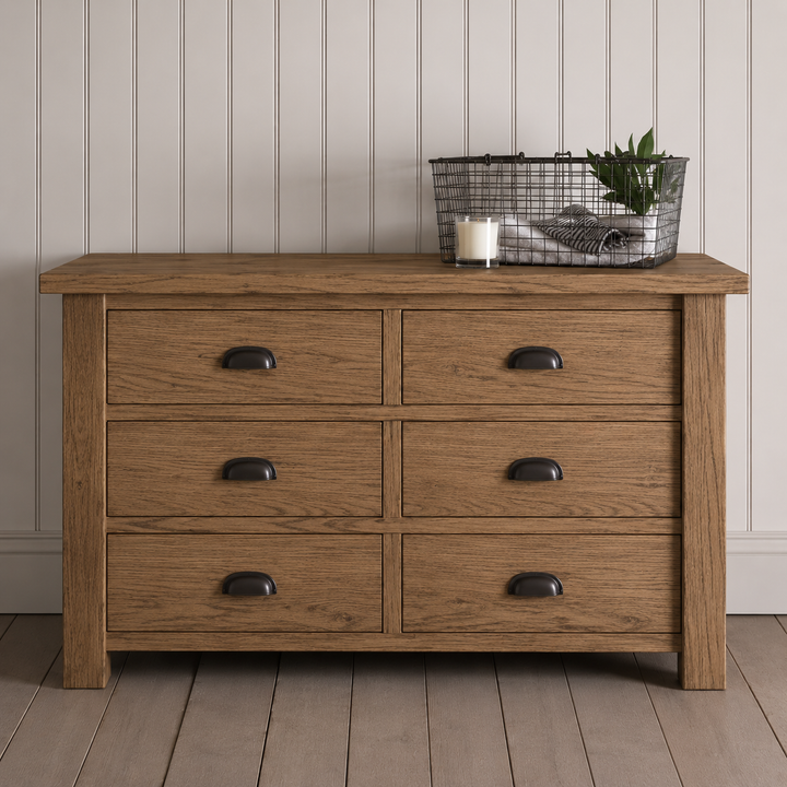 Solid Oak Linen Chest of 6 Drawers