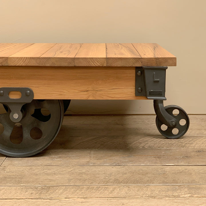 Industrial Reclaimed Wood Cart Coffee Table With Wheels