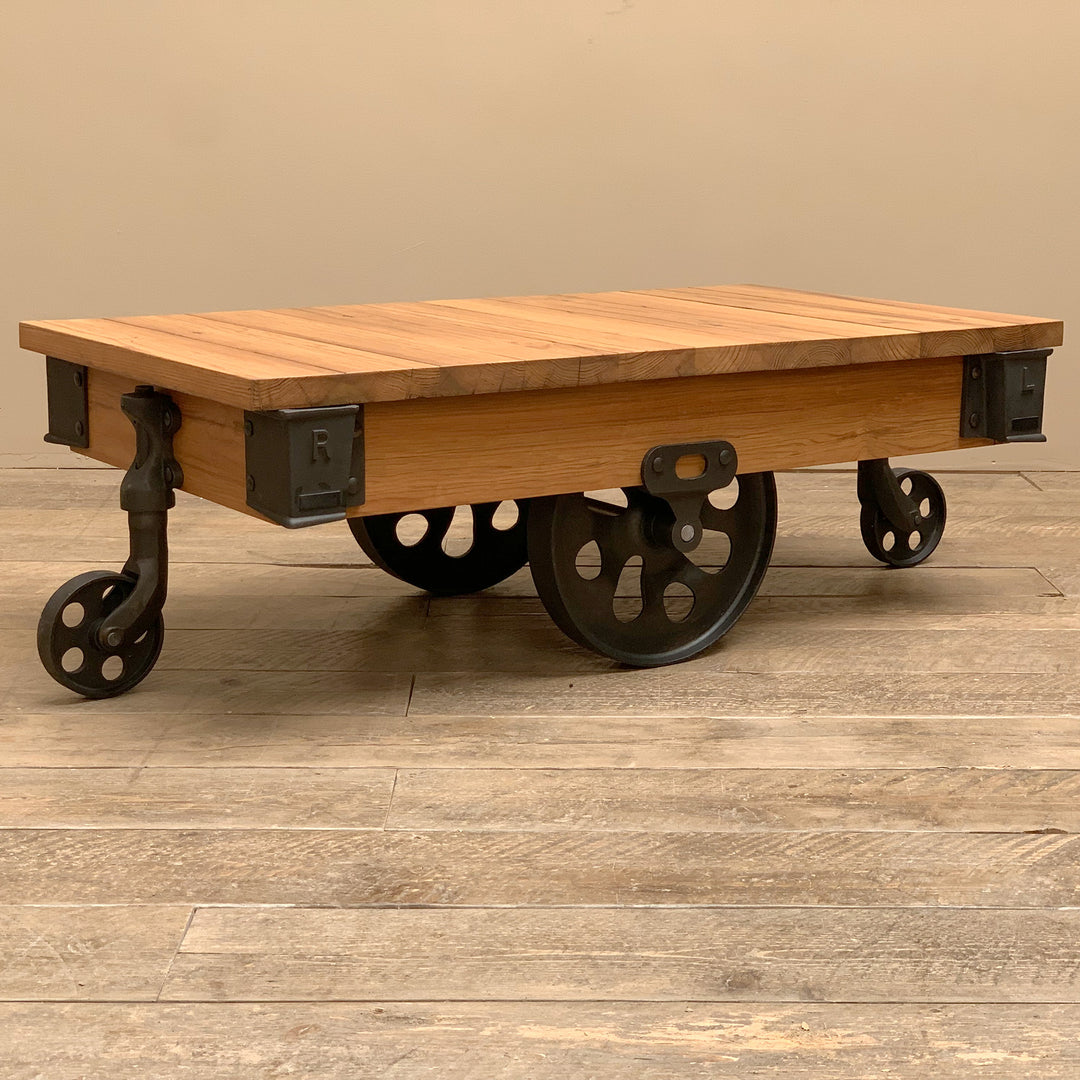 Industrial Reclaimed Wood Cart Coffee Table With Wheels