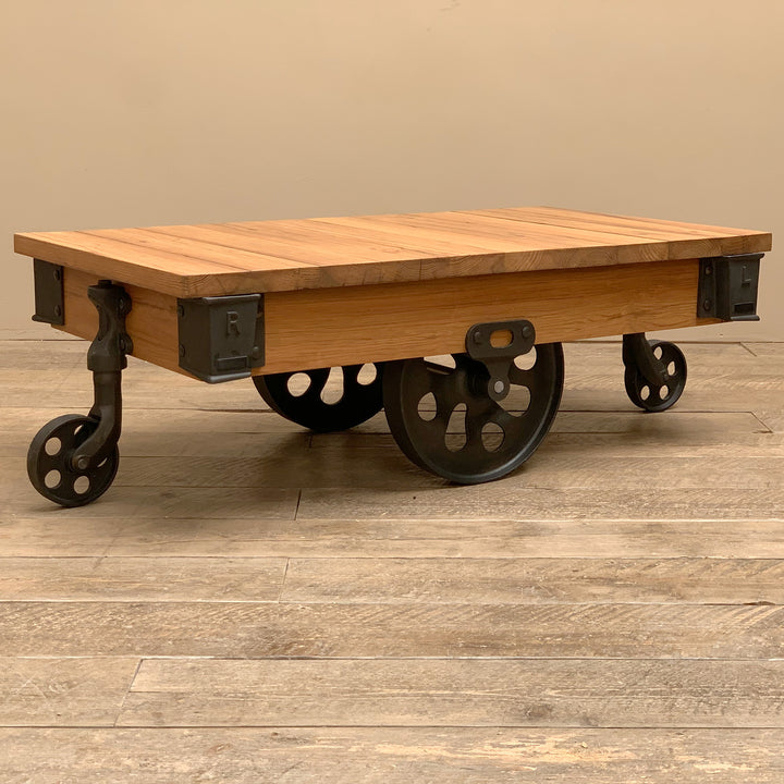 Industrial Reclaimed Wood Cart Coffee Table With Wheels