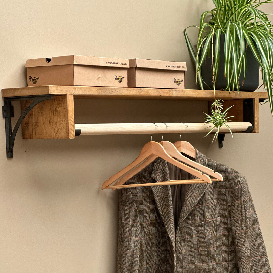Rustic Wood Clothes Hanging Shelf