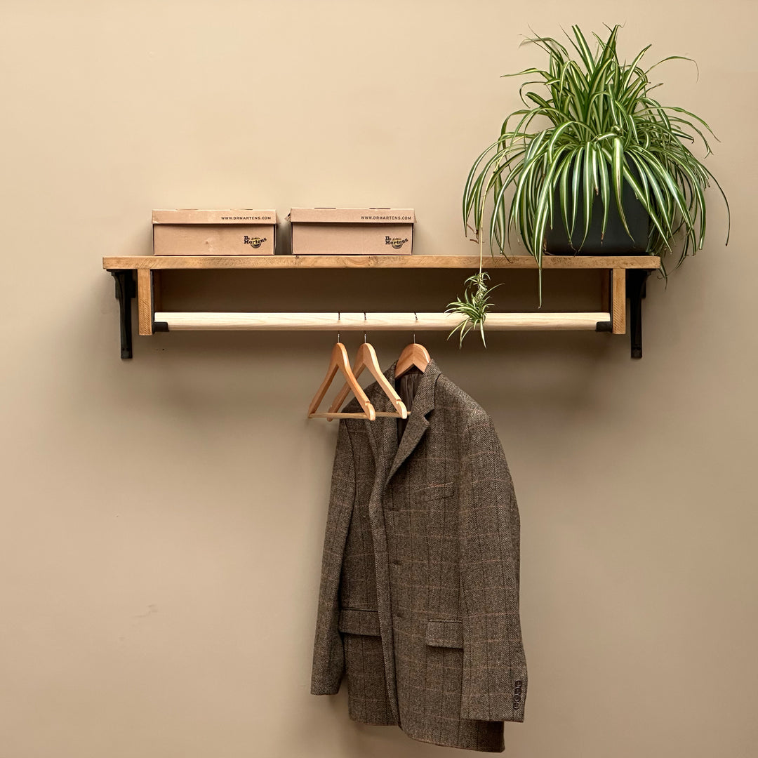 Rustic Wood Clothes Hanging Shelf