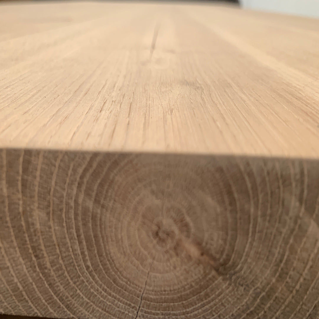 Solid Oak Dining Table with Black Rolled Metal Base