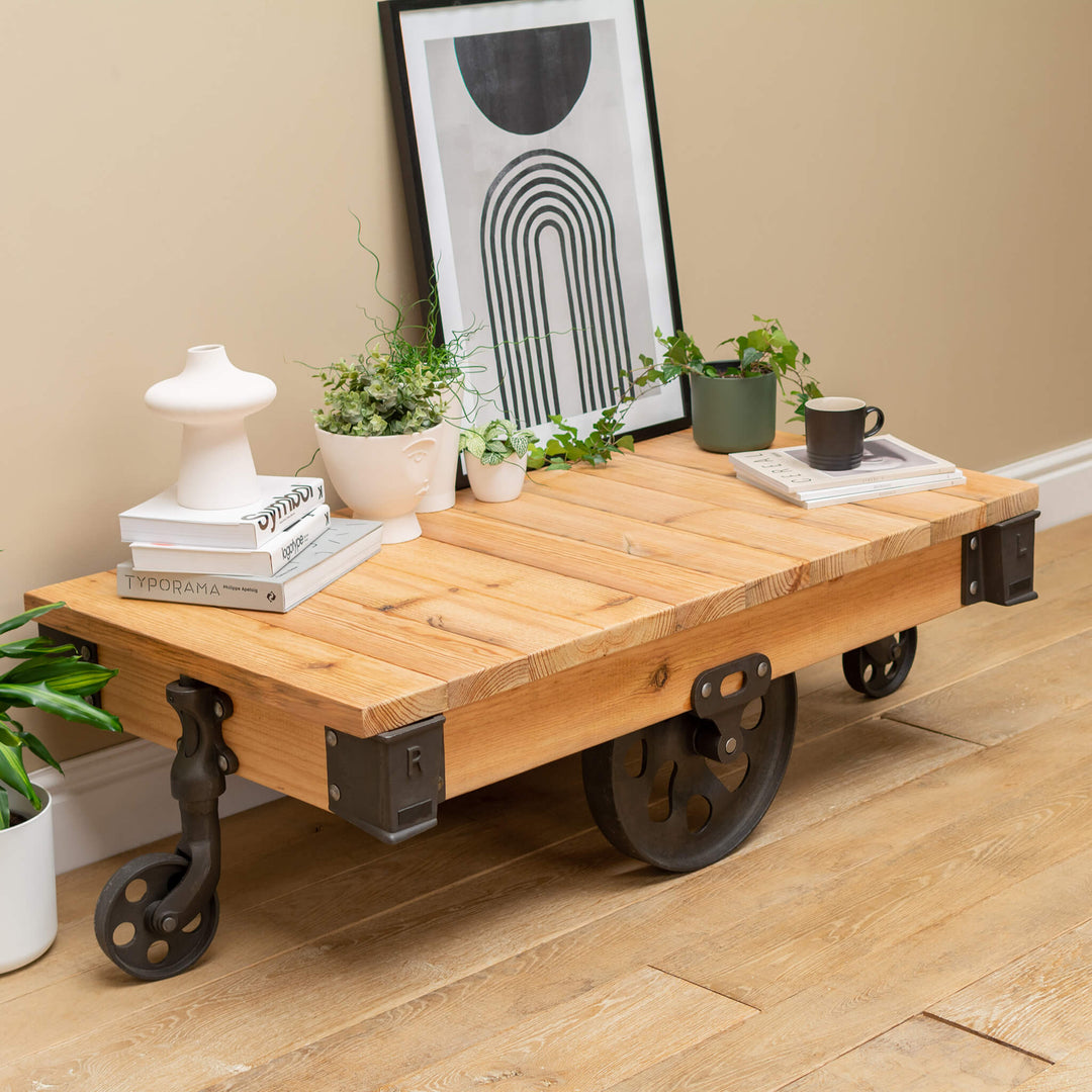 Industrial Reclaimed Wood Cart Coffee Table With Wheels