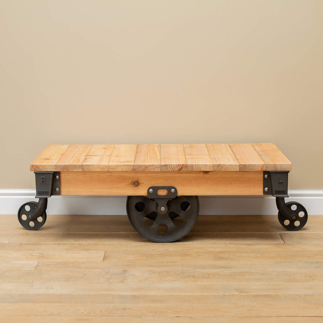 Industrial Reclaimed Wood Cart Coffee Table With Wheels