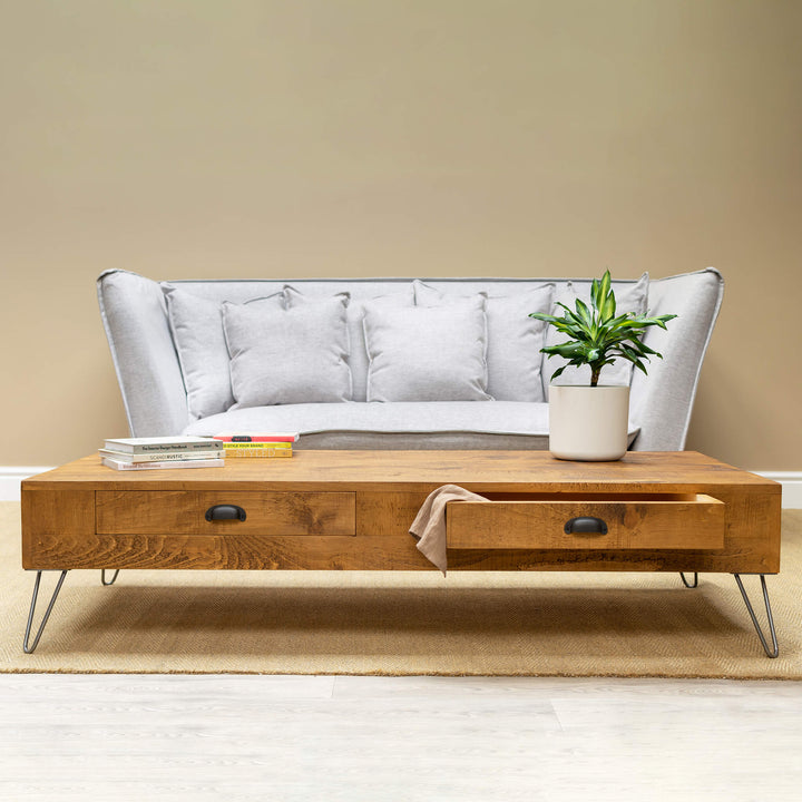 rustic wooden coffee table on hairpin legs