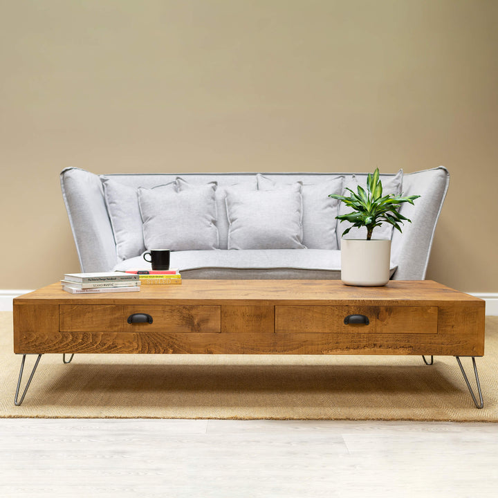 Large Rustic Wood Coffee Table with Storage, Drawers and Hairpin Legs