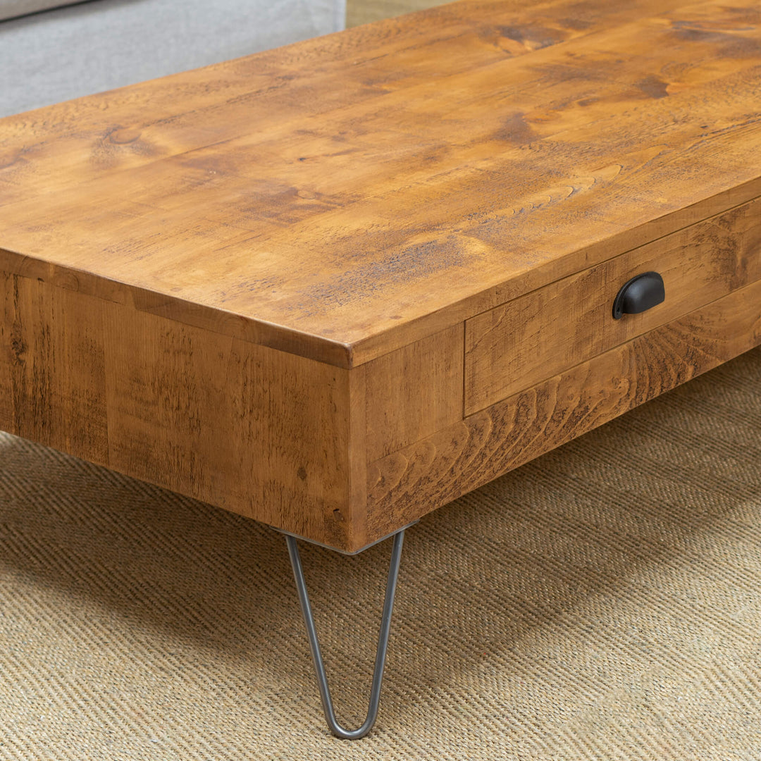 Large Rustic Wood Coffee Table with Storage, Drawers and Hairpin Legs
