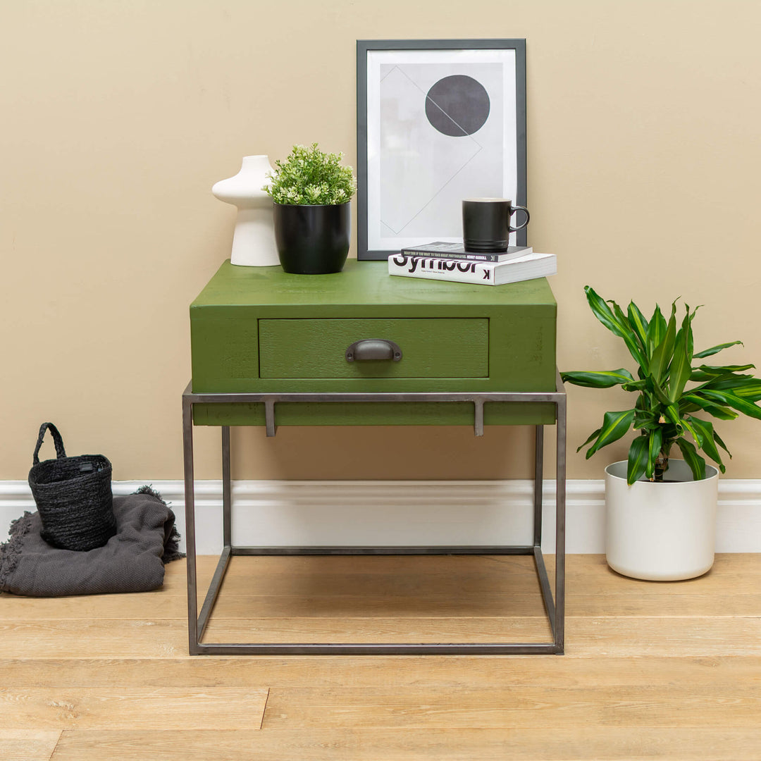 Painted Wood Side Table with Storage, Drawer and Metal Frame