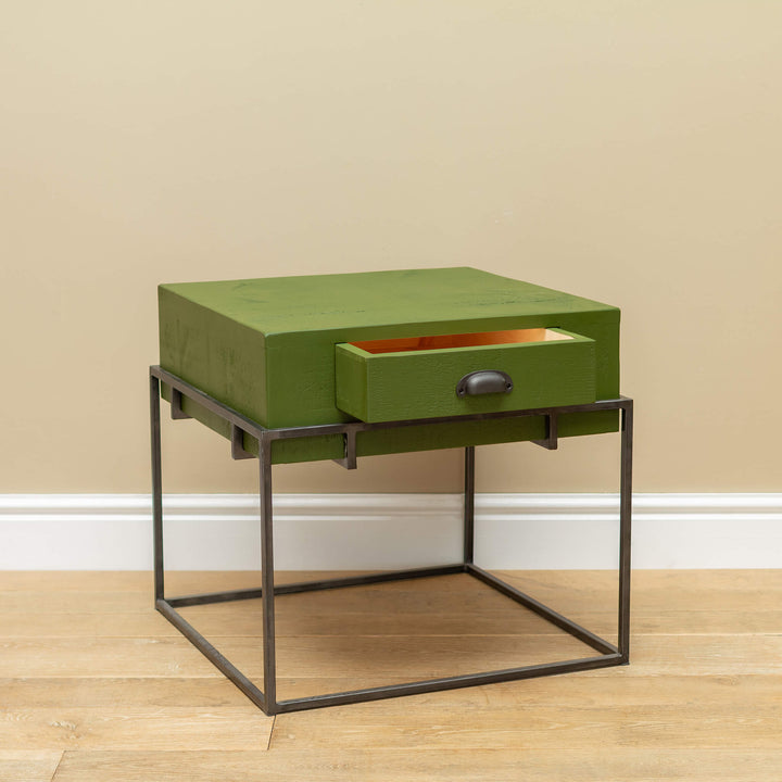 Painted Wood Side Table with Storage, Drawer and Metal Frame