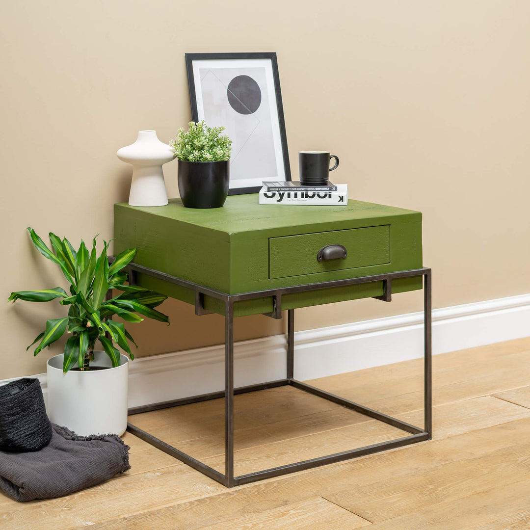 Painted Wood Side Table with Storage, Drawer and Metal Frame