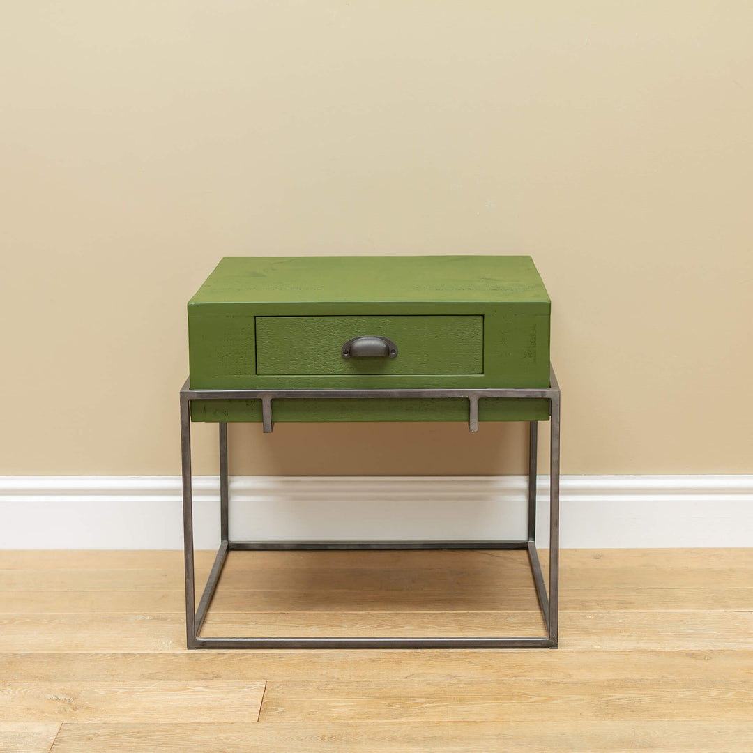 Painted Wood Side Table with Storage, Drawer and Metal Frame