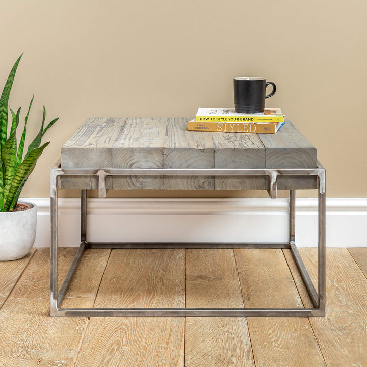 Reclaimed Seawash Wood Side Table with Metal Frame