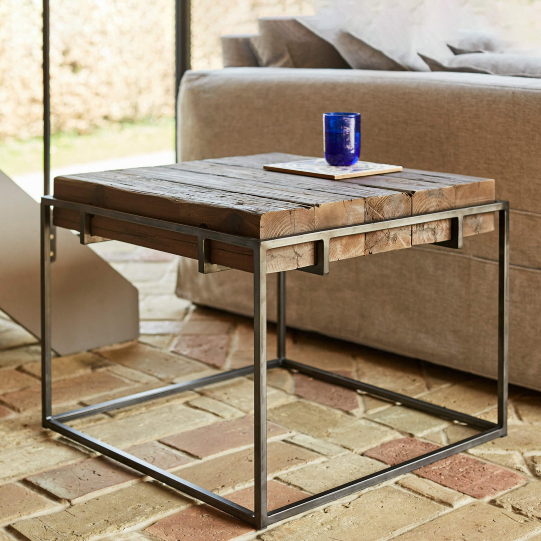 Solid Wood Side Table with Metal Frame