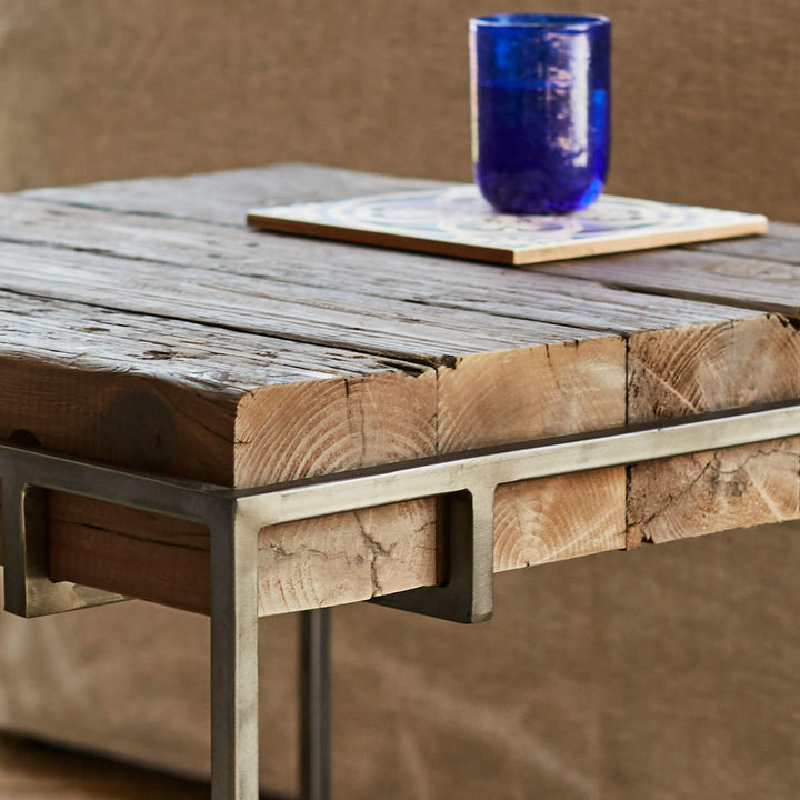Solid Wood Side Table with Metal Frame