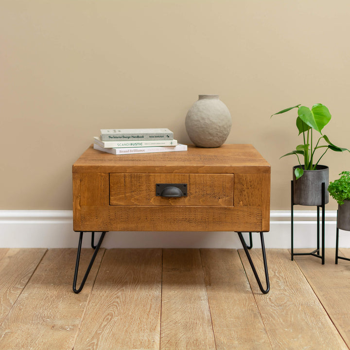 Rustic Wood Side Table with Storage, Drawer and Hairpin Legs