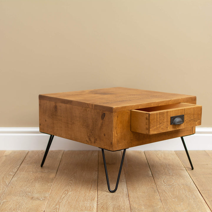 Rustic Wood Side Table with Storage, Drawer and Hairpin Legs