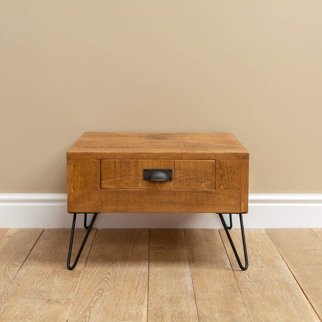 Rustic Wood Side Table with Storage, Drawer and Hairpin Legs