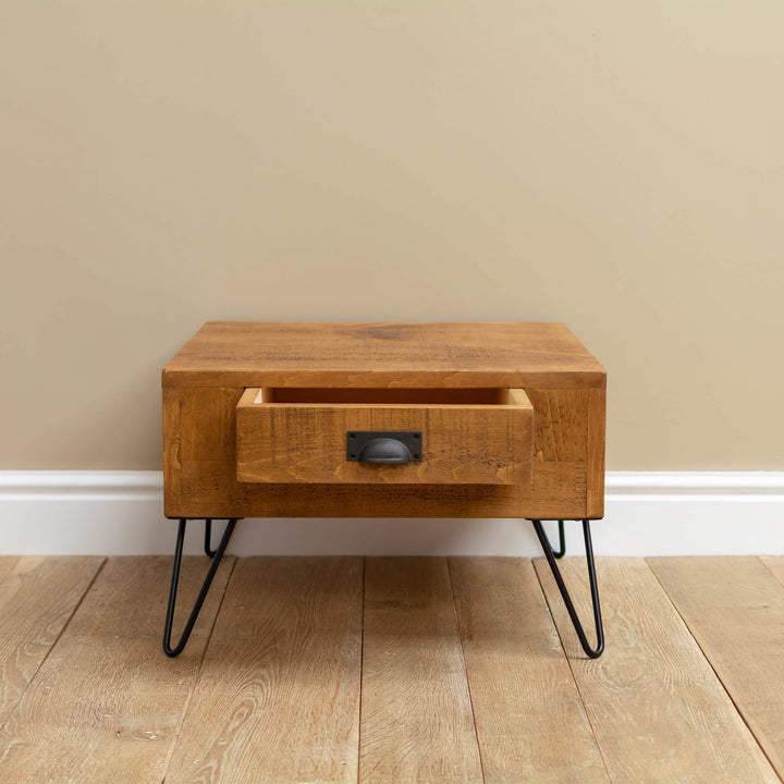 Rustic Wood Side Table with Storage, Drawer and Hairpin Legs
